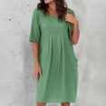 thumbnail image 1 of Robes en Coton et Lin Grande Taille pour Femmes à Manches Courtes d'Été, Robe Midi Plissée avec Poches, 1 of 6
