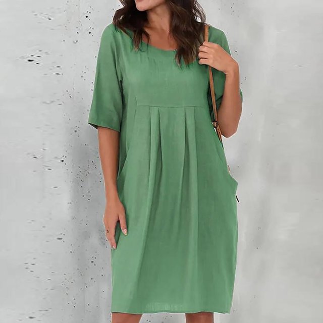 Robes en Coton et Lin Grande Taille pour Femmes à Manches Courtes d'Été, Robe Midi Plissée avec Poches