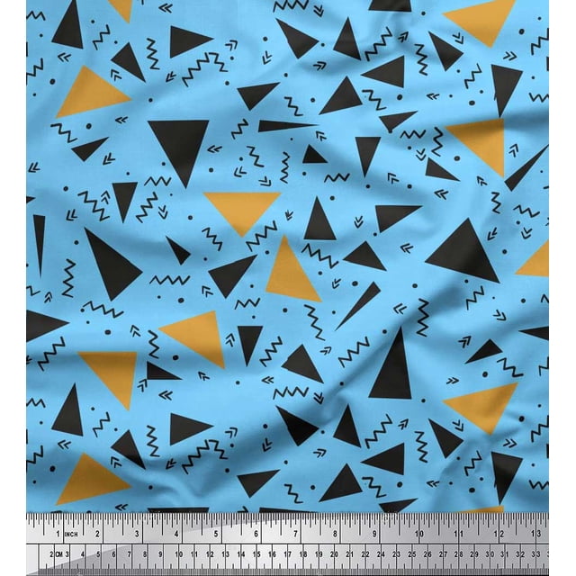 Soimoi Blue Silk Fabric Dot,Zig Zag & Triangle Geometric Print Fabric by the Yard 42 Inch Wide