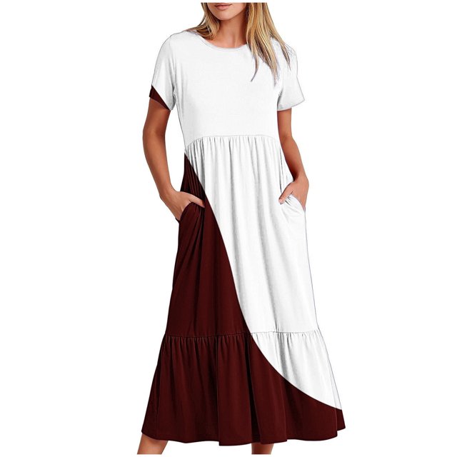 Besolor Robe d'Été Décontractée pour Femme à Blocs de Couleur, Manches Courtes, Col Ras du Cou, Plissée, Fluide, à Étages, Maxi avec Poches