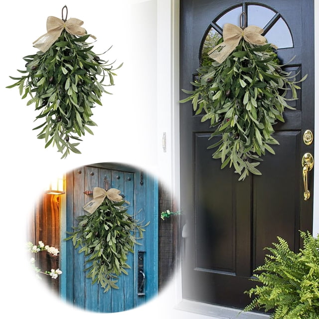 Wreath 2 Spring and Summer Olive Teardrop Decoration with Rattan Bow for Holiday and Seasonal Home