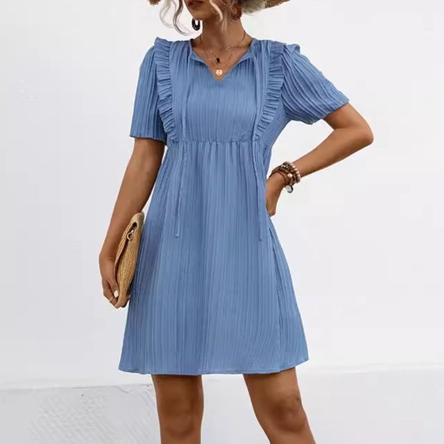 Robes d'Été Grande Taille pour Femmes 2024 Décontractées à Col en V à Manches Feuille de Lotus Robe Mi-Mollet Économisez jusqu'à 65 % de Rabais!