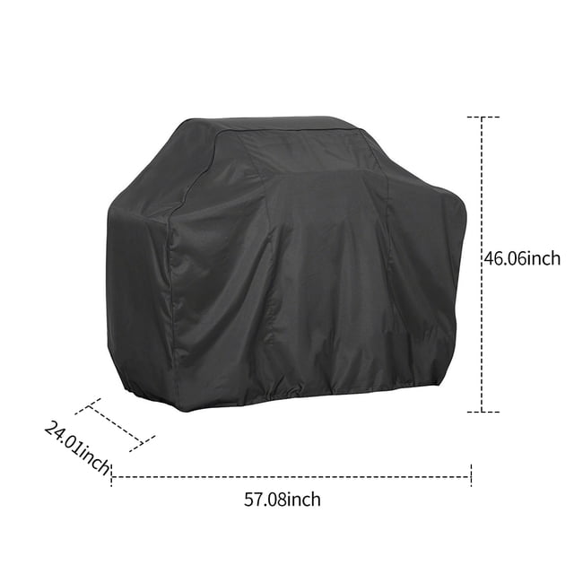 BBQ Grill Cover Barbecue Gas Grill Cover 210D Waterproof Heavy Duty Resistant Dust-Proof Charcoal Electric Grill Cover. Black grill cover made of durable 210D material, designed to protect grills from dust, water, and weather elements. The cover measures 57.08 inches in width, 24.01 inches in depth, and 46.06 inches in height, suitable for various grill types including gas, charcoal, and electric. Ideal for outdoor use, ensuring long-lasting protection.
