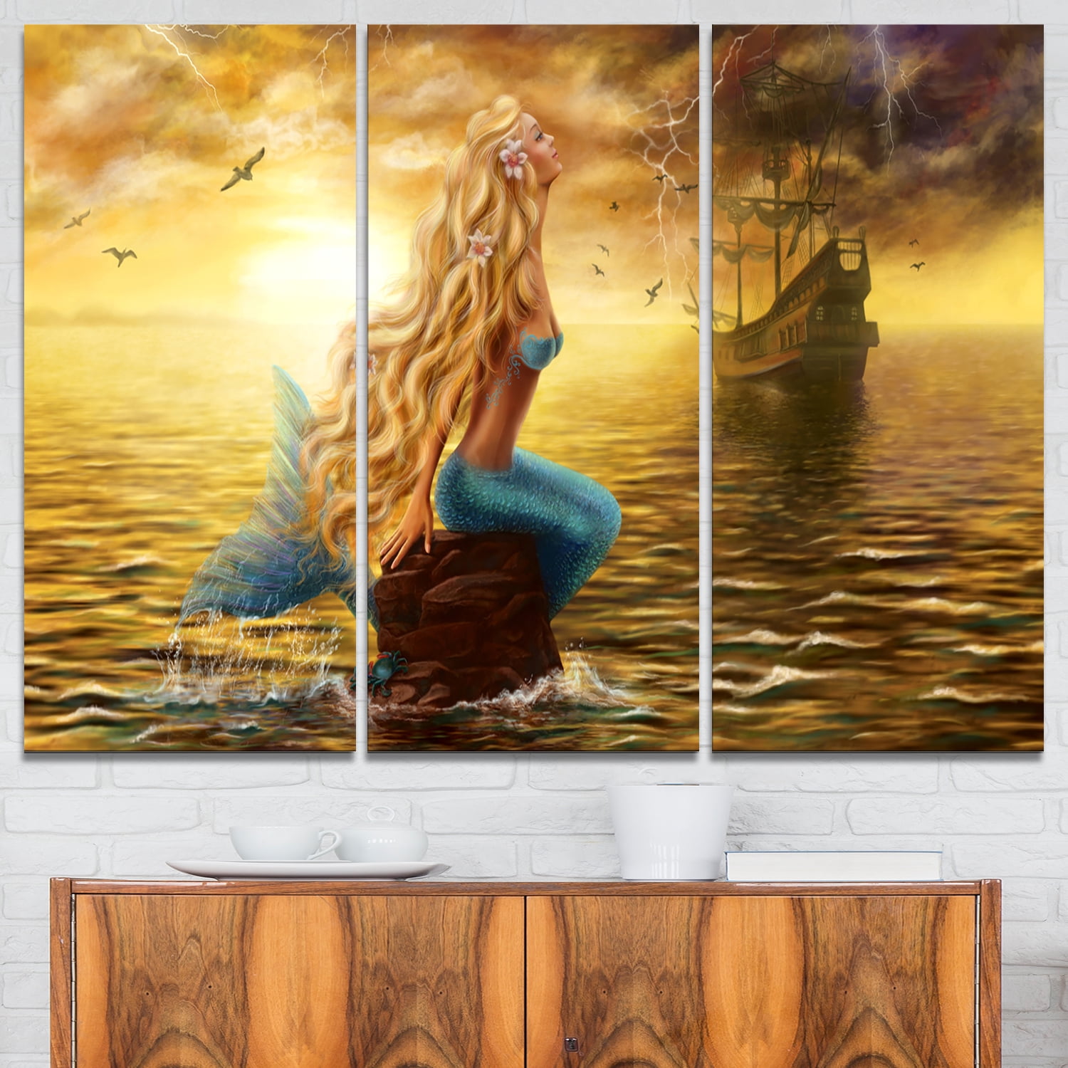 Design Art Sea Mermaid with Ghost Ship Seascape Digital Canvas Print
