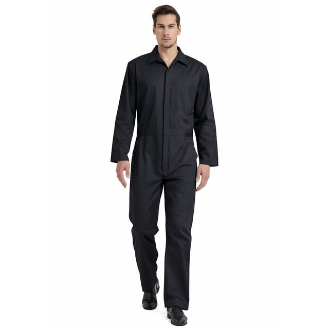 TOPTIE Men's Long Sleeve Coverall, Action Back Coverall Relaxed Fit, Work Wear Suit in a dark color. Made from durable and breathable 6.3 oz 65% polyester and 35% cotton twill fabric. Features a zip-front closure, elastic waistband, and multiple spacious pockets including chest, trousers, ruler, and rear hip pockets. Designed for comfort and freedom of movement, ideal for workwear coveralls in tasks like painting, gardening, car repair, and mechanical work.