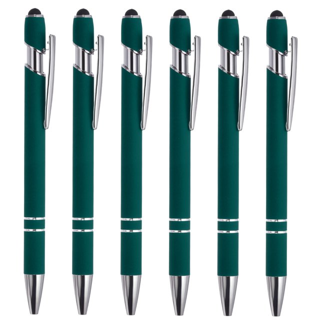 Unique Bargains Ballpoint Pen with Stylus, Medium Point, 1.0mm, Black Ink, 6 Pack. A set of six dark green metal pens featuring a 2-in-1 design with a ballpoint pen on one end and a touch screen stylus on the other. Each pen has a sleek, professional look with silver accents, a comfortable grip, and a smooth writing experience. Compatible with smartphones, tablets, and other touch screen devices. Each pen measures 143mm (5.63 inches) in length.