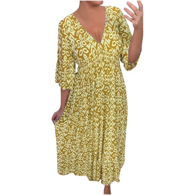 JIRNDf Robes Maxi d'Été pour Femmes Tendance à Imprimé Floral, par-Dessus, Col en V, Sans Manches, Robes d'Été pour Femmes, Robe Bohème Jaune TG