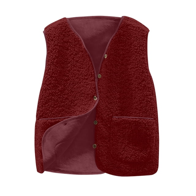 FAIWAD Womens Fleece Vest Fall Winter Warm Sleeveless Button Down Waistcoat in a solid red color. The vest features a soft, textured fleece material, a loose fit, and a button-down front. It includes two front pockets and a cozy interior lining, making it ideal for layering during colder seasons.