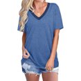 thumbnail image 1 of Nouveau T-Shirt Décontracté Col en V pour Femmes Manches Courtes Haut Ample Blouse Patchwork, 1 of 2
