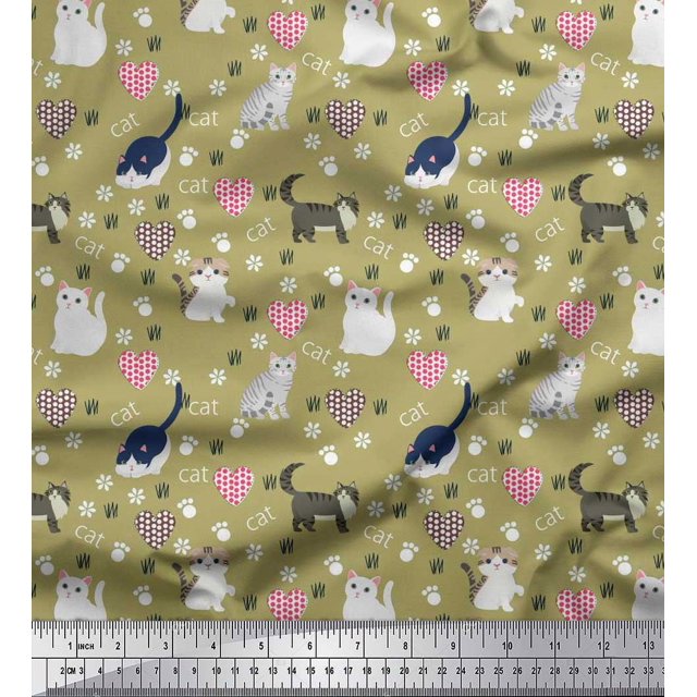 Soimoi Poly Georgette Fabric Heart,Footprint & Cat Animal Print Fabric by The Yard 52 Inch Wide