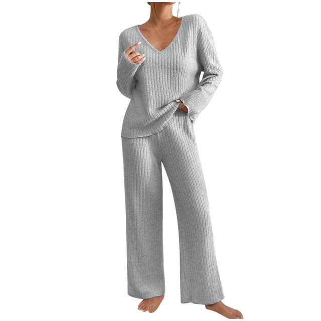 AherBiu Lounge Sets for Women, a ribbed long sleeve V-neck pullover top paired with wide-leg pants, crafted from soft, breathable fabric. This two-piece pajama set offers cozy loungewear for women, ideal for casual wear, lounging, or daily activities during spring, fall, and winter.