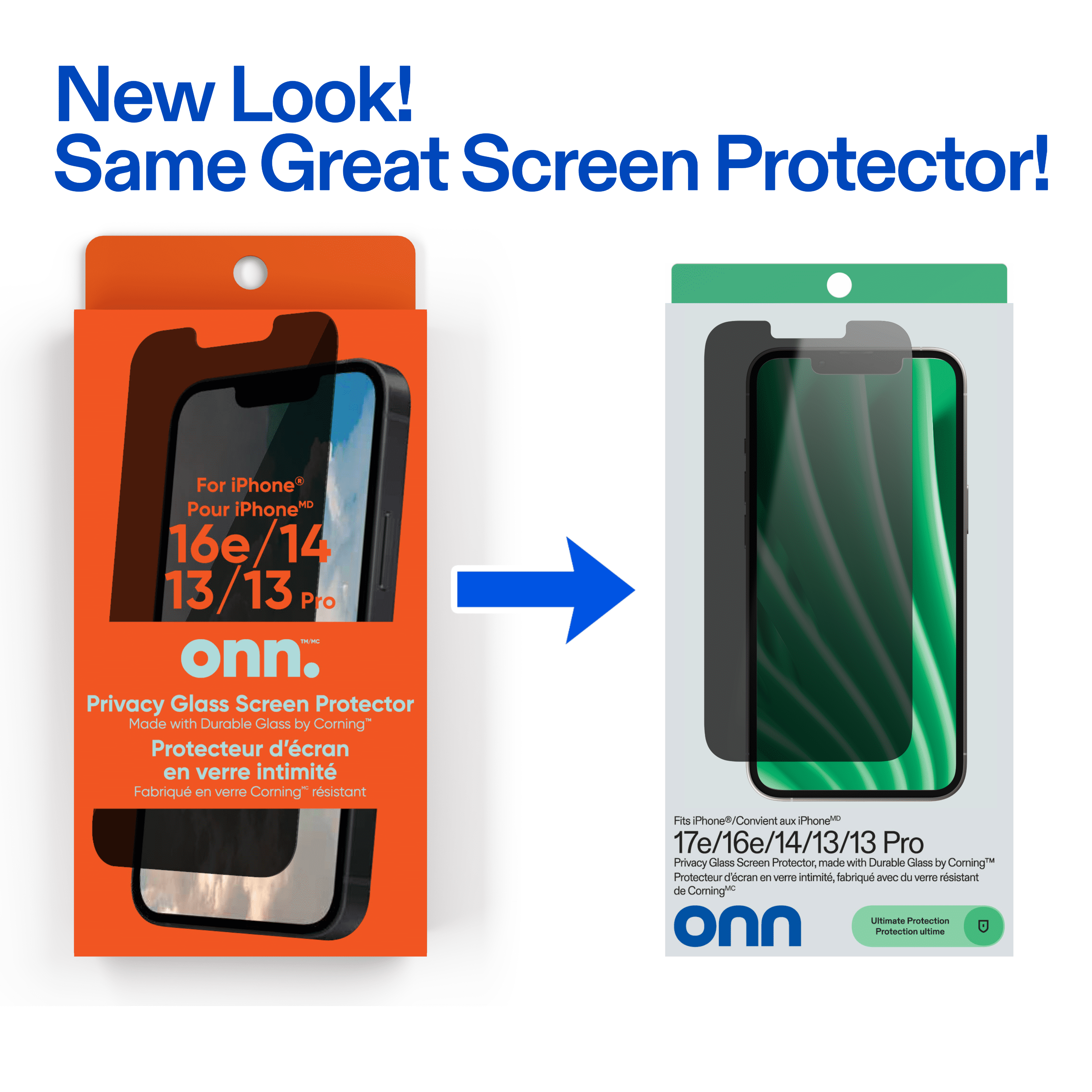 onn Protecteur d’écran en verre intimité pour iPhone® 17e / 16e / 14 / 13 / 13 Pro, fabriqué avec du verre résistant de Corning🅪, intimité à 180°, plateau d’installation facile