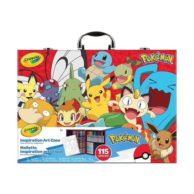 Crayola Pokémon Inspiration Art Case with a red storage case featuring Pokémon characters including Pikachu, Meowth, and Eevee, with a black handle and locks. The 115-piece set includes 56 crayons, 15 short coloured pencils, 28 washable markers, and 15 themed colouring pages, suitable for creative, screen-free fun for kids aged 5 and up.
