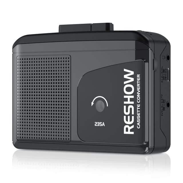 Reshow Walkman Cassette Player in black, designed for cassette-to-MP3 conversion with USB-C connectivity. Features include a built-in speaker, headphone jack, reverse recording functionality, and fast forward/rewind controls for easy navigation. Compact design with Reshow branding on the front panel, ideal for preserving vintage audio.