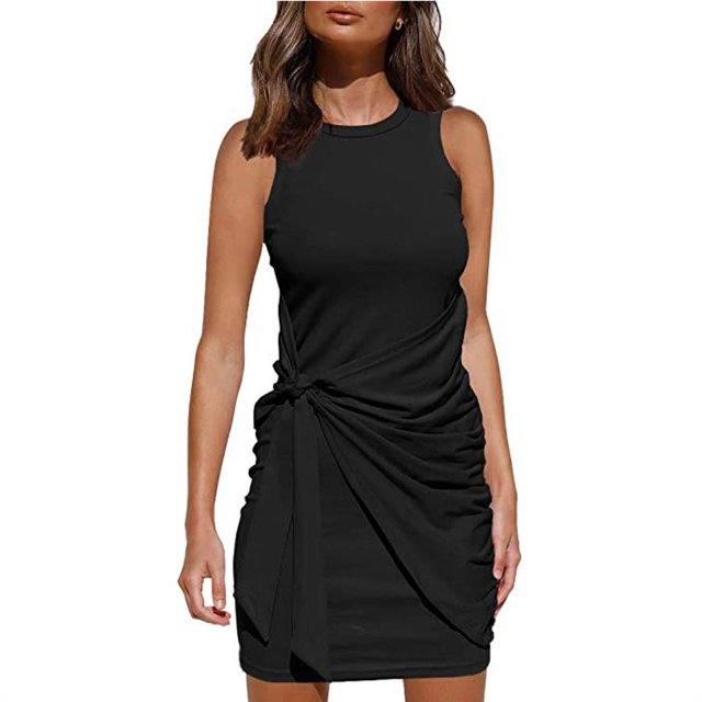 Robe d'Été Sans Manches pour Femmes avec Ceinture Irrégulière Col Rond Aguichant Mini Robe Moulante
