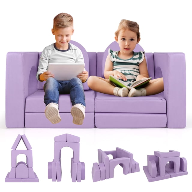 Gymax Canapé Modulable pour Enfants 8 Pcs en Tissu Suédé Violet avec Mousse à Haute Densité. l'Ensemble Comprend 8 Pcs : 2 Coussins, 2 arches, 2 Trapézoïdes et 2 Demi-Lunes, Conçu pour le Jeu Créatif et l'Assise. Montré Configuré comme un Sofa avec des Enfants Assis, et Divers arrangements Modulaires Affichés Ci-Dessous.