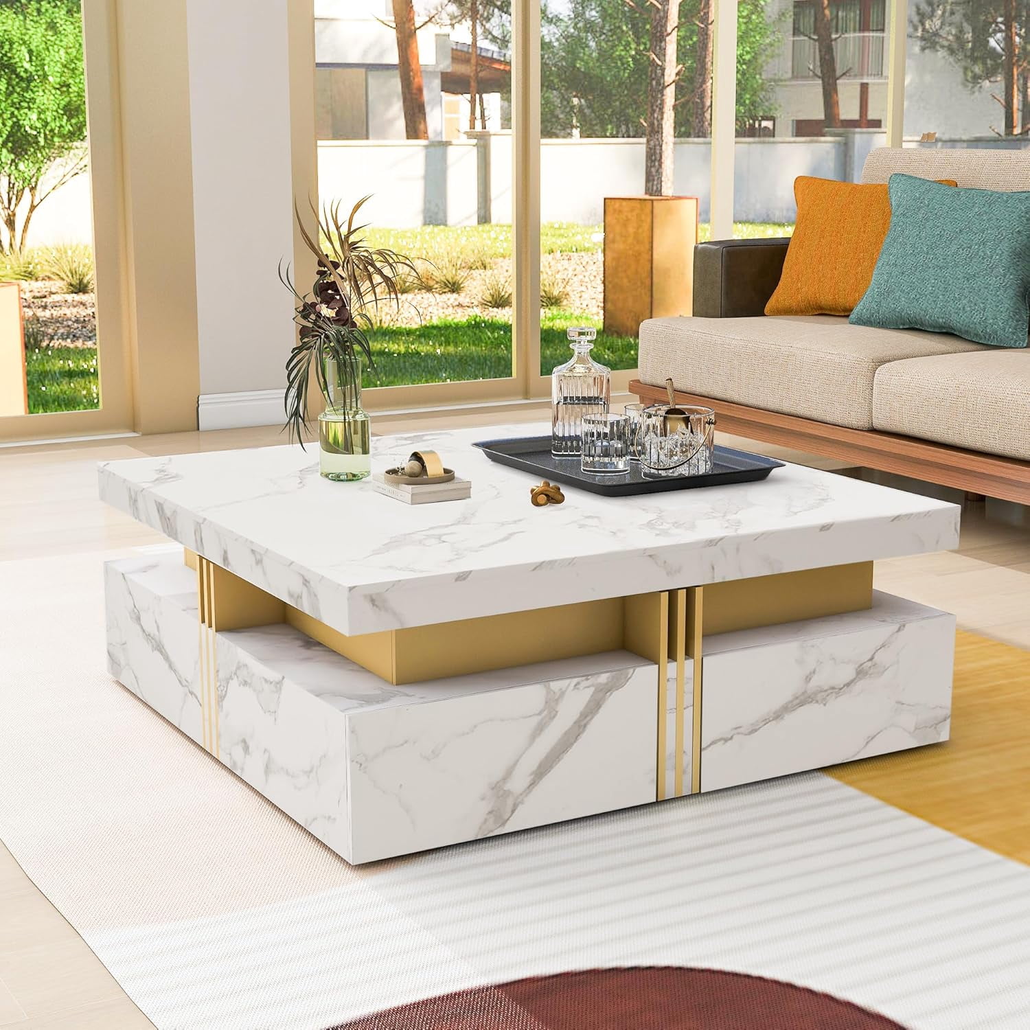 Table Basse Moderne Blanche Carrée de 33,5 Pouces avec 4 Tiroirs, Rangement, Multiples Tables d'Appoint, Table Utilitaire pour Salon