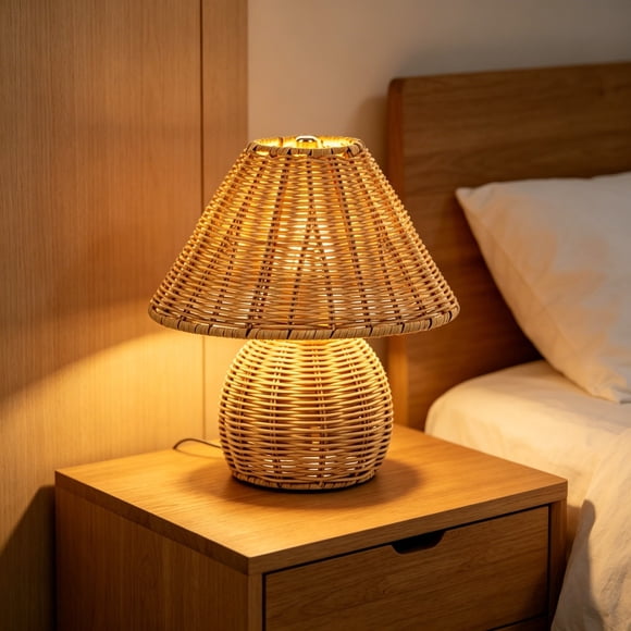 Boho Mushroom Lamp,Fake Rattan Small Vintage Table Lamp for Bedroom Nightstand,Plastic Bedside Lamp Woven Wicker Accent Lamp Aesthetic Home Decor for Living Room Kitchen Farmhouse Bedroom Home Decor