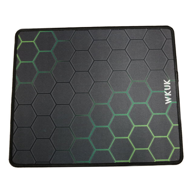 axGear Gaming Mouse Pad Non-Slip Smooth Mat Desk Mouse Pad featuring a hexagonal pattern with green accents on a black background. The pad has stitched edges and a non-slip rubber base for stability. Designed for gaming and office use, it measures 30 x 25 cm (12 x 10 inches) and provides a smooth surface for precise mouse movement. Suitable for optical and laser mice, it protects desktops from scratches and stains. The foldable design allows for easy portability.