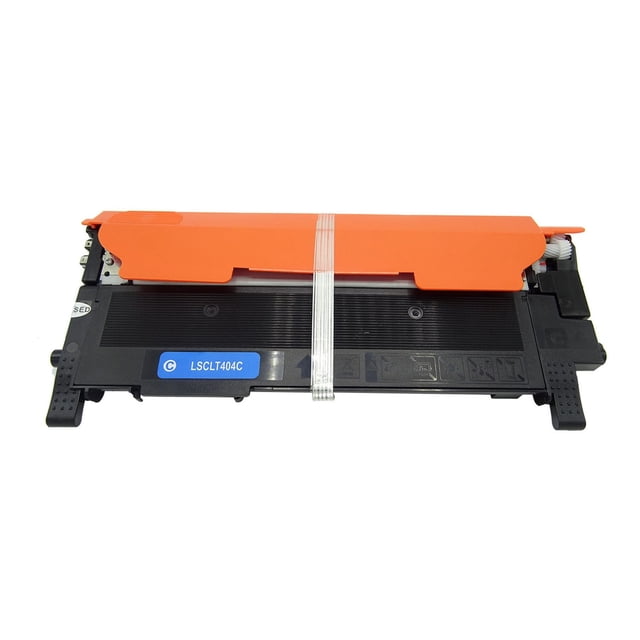 L-ink Compatible Samsung CLT-C404S Cyan Toner Cartridge shown front-facing with a black plastic body and orange protective cover secured by a white strap, featuring a blue LSCLT404C label, ideal for laser printers delivering clear, crisp print quality.