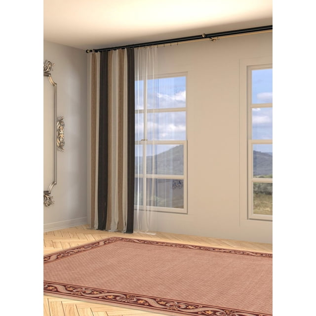 ECARPET Lotus Mod Brown Rug 5'9" x 7'9" on light wood parquet flooring in a bright room with two windows showing a mountain view, featuring a brown textured surface with a decorative red and beige border, complemented by sheer white and striped brown curtains.