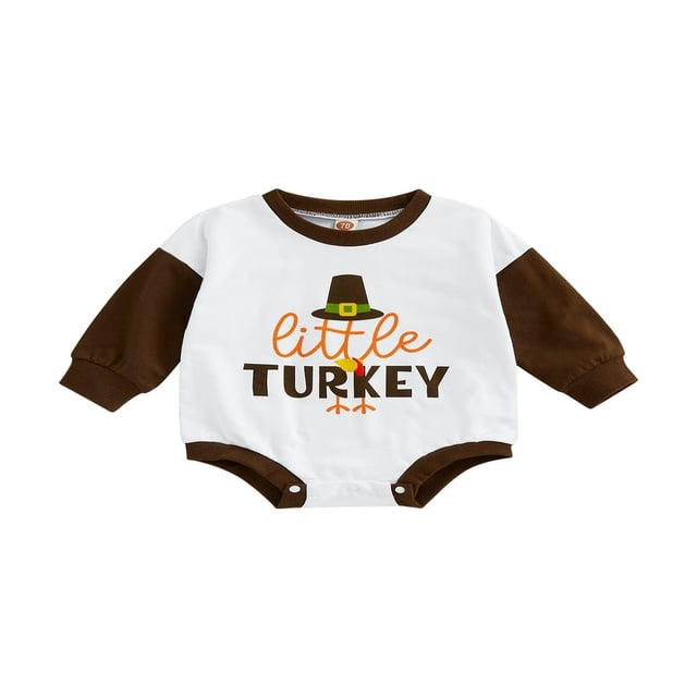 Infant Thanksgiving Day Romper Long Sleeve Neck Turkey/Letter Print Bodysuit