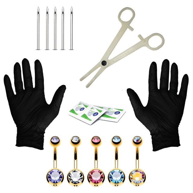 BodyJ4You 15PCS Professional Piercing Kit Goldtone Steel 14G Double CZ Belly Navel Ring Body Piercing Set