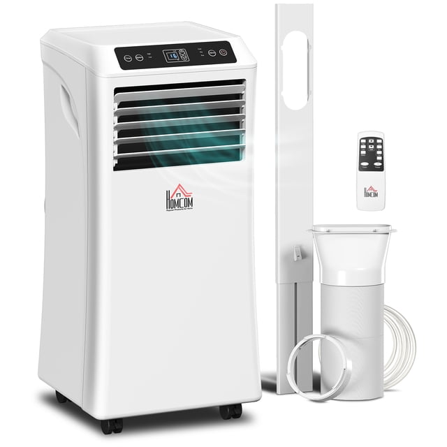 HOMCOM Climatiseur Portable avec 4 Modes et Couverture de 215 à 344 Pi2. Ce Climatiseur Blanc et compact Offre des Modes Refroidissement, Déshumidification, Ventilateur et Sommeil, avec Affichage DEL et Télécommande pour une Utilisation Facile. Il Comprend 4 Roues pour la Mobilité, un Filtre à Air Amovible et une Minuterie de 24 Heures. Conçu pour les Espaces de 215 à 344 Pi2, Il Utilise du Réfrigérant R32 et a une Capacité de Refroidissement de 8 000 BTU. des Accessoires comme un Tuyau d'Échappement et une Trousse pour Fenêtre Sont Inclus.