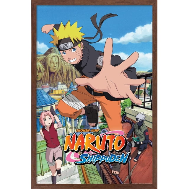 Naruto Shippuden - Affiche Murale « Jump », 22,375 Po x 34 Po Représentant des Personnages d'Anime Naruto, Sakura et Kakashi en poses Dynamiques sur un Toit avec un Village de Feuilles Cachées et une Toile de Fond de Montagne sous un Ciel Bleu, Imprimée sur Papier Lustré aux Couleurs Vibrantes et Encadrée en Bois, Idéale pour la Déco Murale de la Maison Ou du Dortoir.