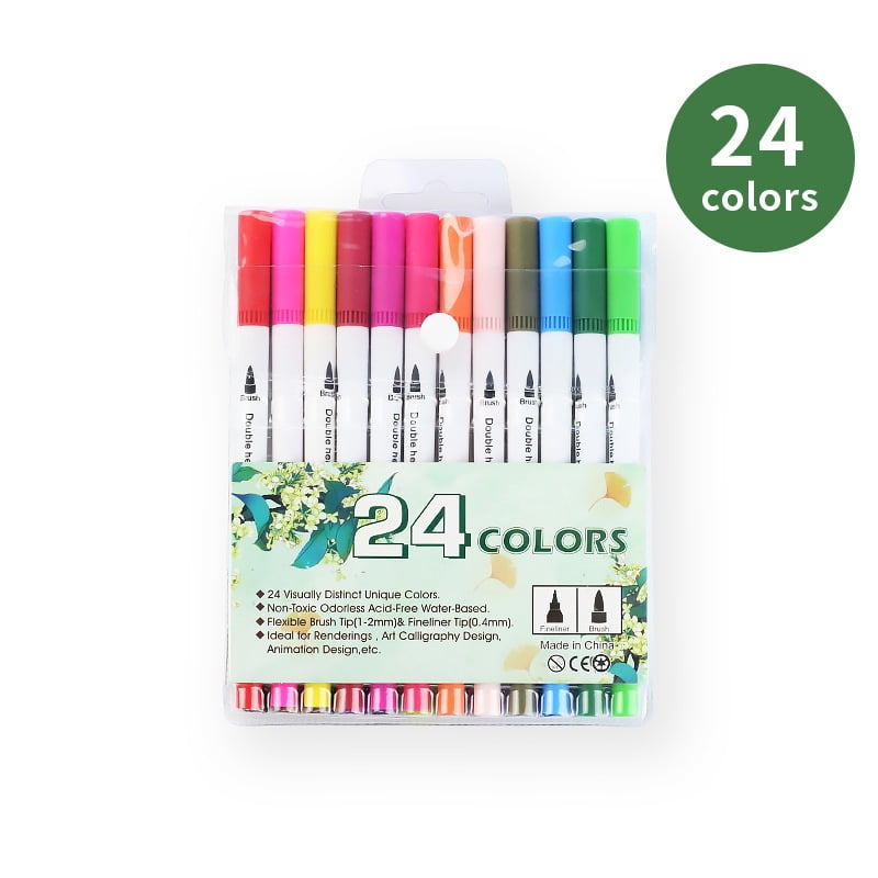 24 Packs Dual Tip Colored Pens Brush and Fine Tip Pens Double Head Ended Colorful Drawing Pens Art Pens Felt Tip Coloring Writing Painting Lettering Markers (24 Assorted Colors)