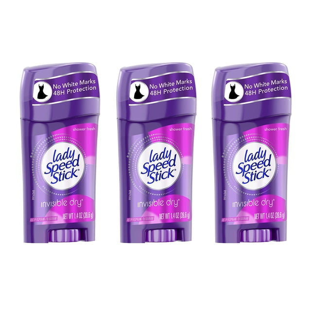 A 3-pack of Lady Speed Stick Power Antiperspirant Invisible Dry in Shower Fresh scent, each stick weighing 1.4 ounces. The purple packaging highlights features such as 'No White Marks' and '48H Protection,' designed for long-lasting odor and wetness protection.