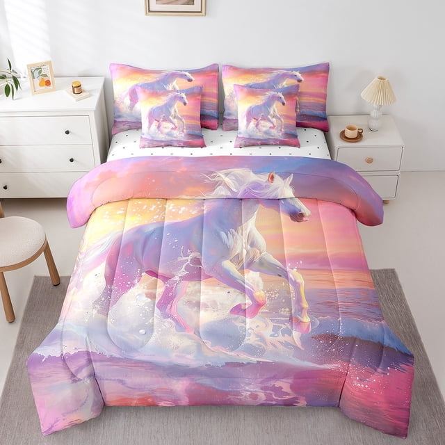 YST White Horse 7-Piece Chic Galloping Animal Bedding Set, Queen, Pink Cloud