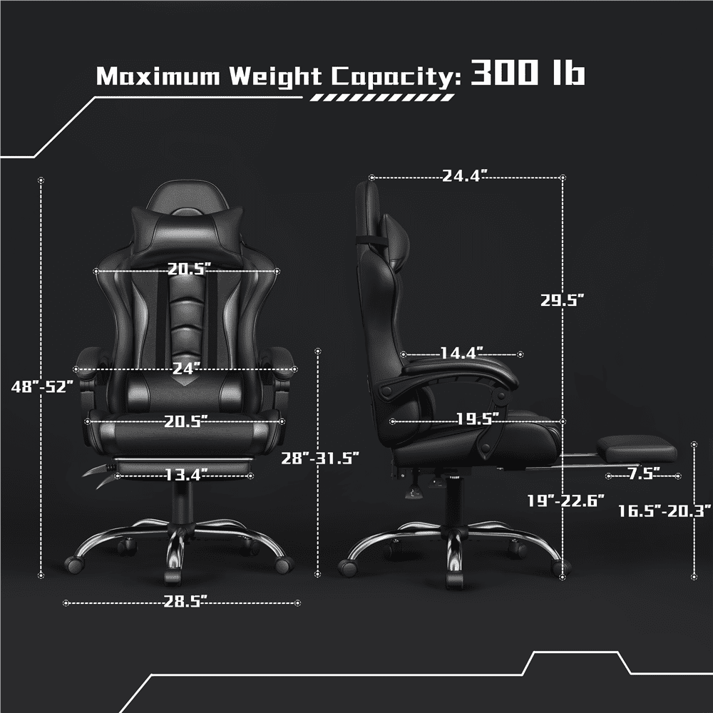 FullFurnique Chaise Gaming Ergonomique à Dossier Haut avec Repose-pieds Coulissant, Noir Intégral