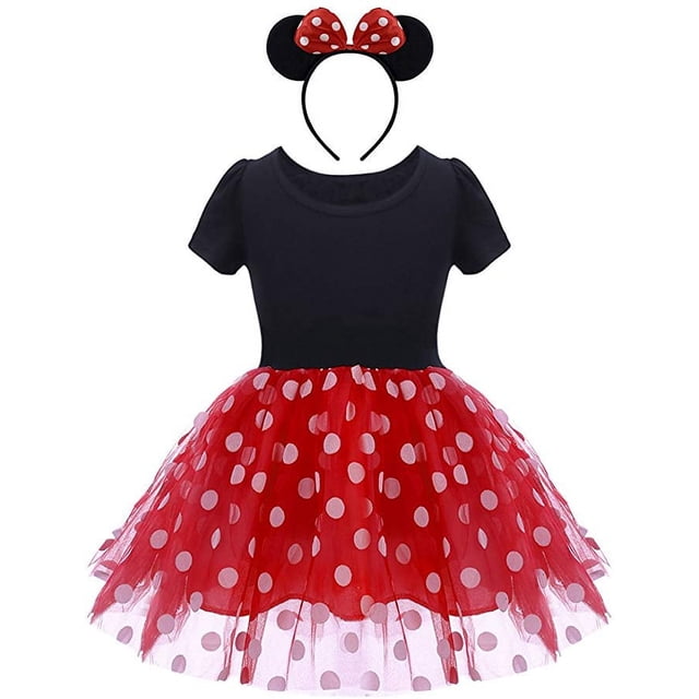 Minnie costumes Déguisement Robe Bébé Fille Serre-Tête Oreilles de Mouse Robe à Pois avec Corsage Noir, Manches Bouffantes Courtes et Jupe tutu en tulle à Pois Rouges. Comprend un Serre-Tête Assorti avec Oreilles de Mouse Noires et un Nœud à Pois Rouges. Idéal pour les d'Halloween pour Filles, les Fêtes d'Anniversaire et les Événements de cosplay.