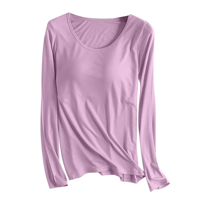 AherBiu Hauts Grande Taille pour Femmes Automne Manches Longues Haut de Pyjama Doux avec Soutien-Gorge Intégré Col Ras du Cou T-Shirts de Pyjama Confortables