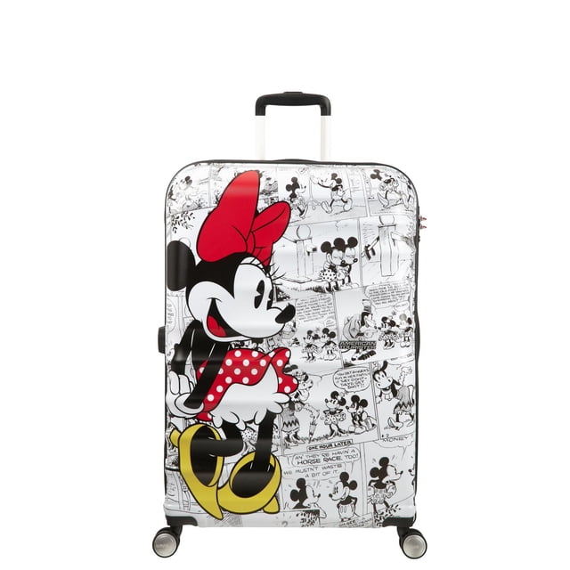 American Tourister Disney Valise à Roulettes Grand Format avec Vue Frontale d'Une Valise à Coque Rigide Présentant un Grand Graphique Minnie Mouse avec Nœud Rouge et Jupe à Pois sur un Fond de Bande Dessinée Mickey et Minnie Noir et Blanc, Équipée de Quatre Roues Pivotantes, d'Une Poignée Télescopique et d'Une surface Texturée en ABS/PC pour Résister aux Égratignures, Idéale pour les Voyages en Bagage Enregistré.