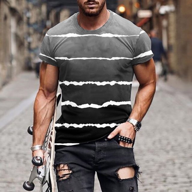Qertyioot Liquidation T-Shirt à Manches Courtes pour Hommes Col Rond Rayé Imprimé Entraînement Physique Sports