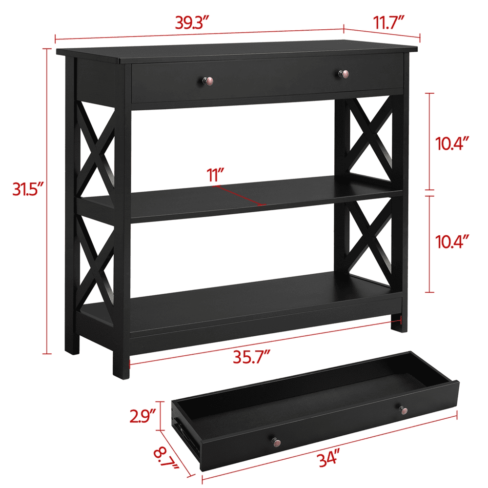 FullFurnique Wooden Console Table with 1 Drawer and 2 Open Shelves, Black