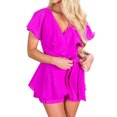 thumbnail image 1 of Women Cross V Neck Cutout Back Waistbelt Ruffled Short Sleeve Romper, 1 of 4