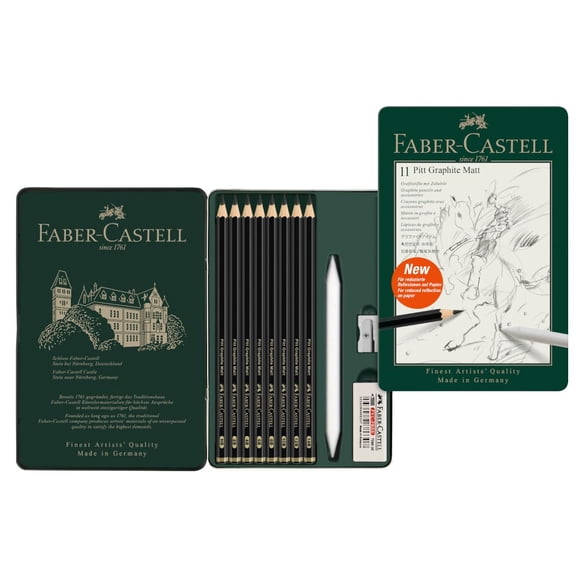 Faber-Castell Pitt Graphite Matte Pencil Set, Metal Tin of 8 Graphite Pencils and Sketching Accessories (HB, 2B, 4B, 6B, 8B, 10B, 12B, 14B), Pencil Sharpener, Eraser and