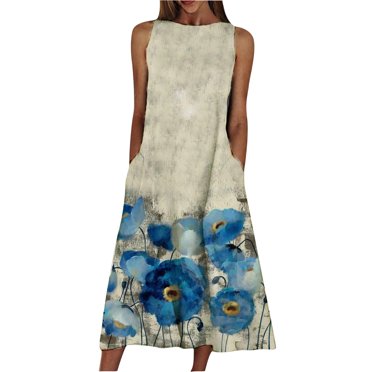 Leutsin Robe d'Été Décontractée pour Femmes Grande Taille, Imprimés, Confortable, Col Rond, Poches, Sans Manches