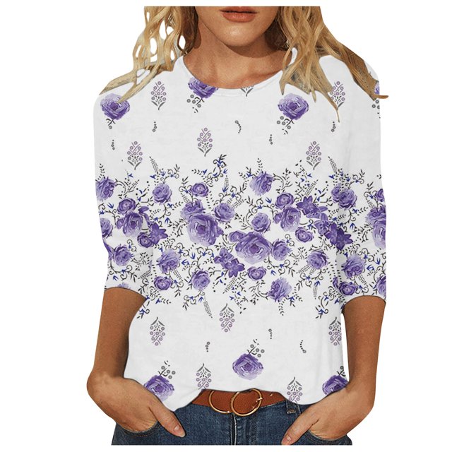HKEJIAOI Polyester 3/4 Sleeve Tops pour Women Impression Graphique Tops pour Women 2023 Col Rond