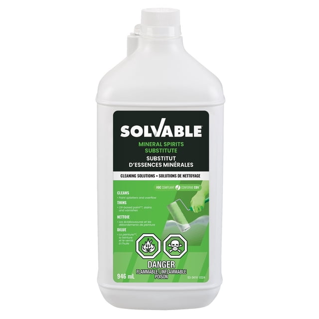 SOLVABLE® Mineral Spirits Substitute 946 mL white plastic bottle with black and green label for thinning oil-based paint, stains, varnishes, and cleaning paint splatters, suitable for surface prep, marked flammable and poison with hazard icons.