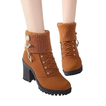 EGNMCR Bottines Mi-Cheville pour Femmes, Bottines pour Femmes Bottes Basses Épaisses Saison Actuelle et Mode Hivernale Strass Bouche en Laine Talon Épais Bout Rond Manche Courte Bottes pour Femmes Chaussures pour Femmes