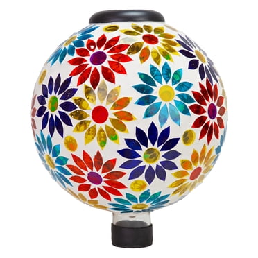 Sunnydaze Midsummer Dahlias Glass Mosaic Indoor/Outdoor Gazing Globe with Solar Light - 10" Diameter - Blue, Yellow, Red and White - 1 Globe
