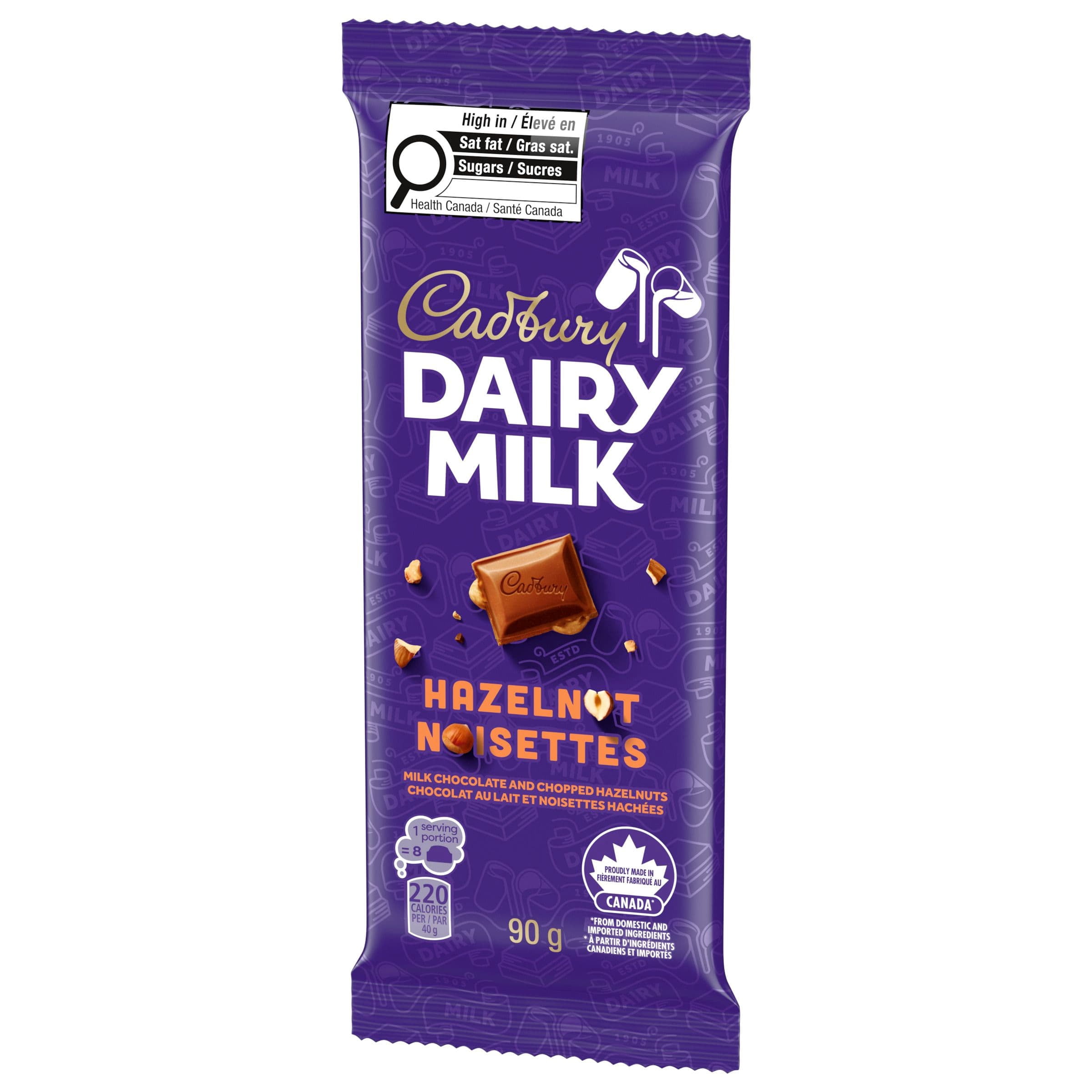 Tablette de chocolat CADBURY DAIRY MILK Noisettes avec noisettes hachées, tablette de chocolat au lait CADBURY DAIRY MILK, barre de chocolat au lait CADBURY DAIRY MILK, 90 g