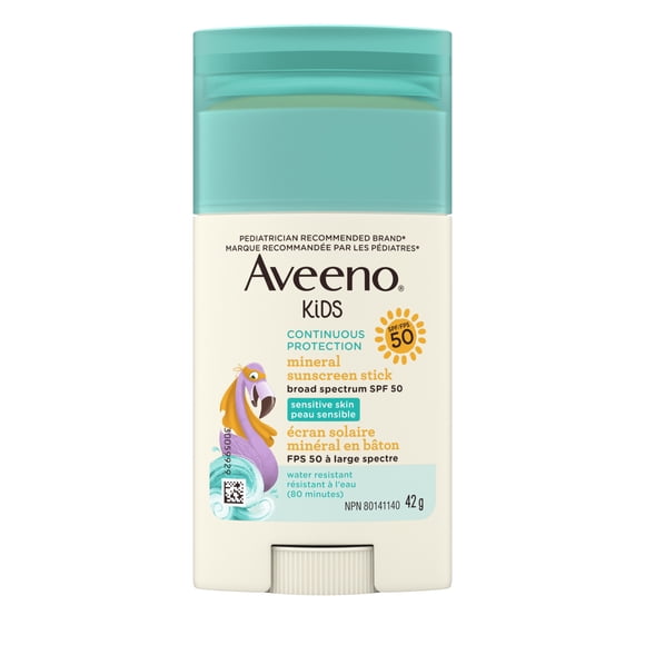 Aveeno Kids Continuous Protection Zinc Oxide Mineral Sunscreen Stick for Sensitive Skin, Face & Body Sunscreen Stick for Kids with Broad Spectrum SPF 50, Sweat- & Water-Resistant, 42g