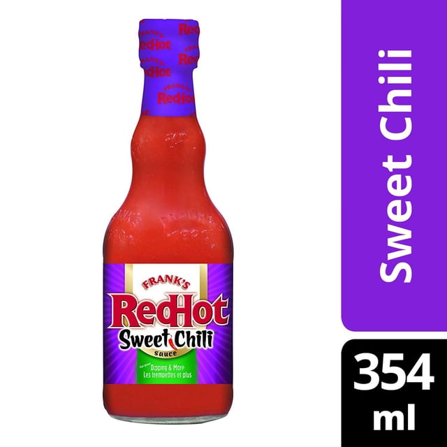 Frank's RedHot, Hot Sauce, Sweet Chili 354ml bottle with purple cap and label featuring red and black text. This imported sweet chili sauce blends flavour and heat, ideal for dipping, cooking Asian-inspired dishes, and adding zest to meals.