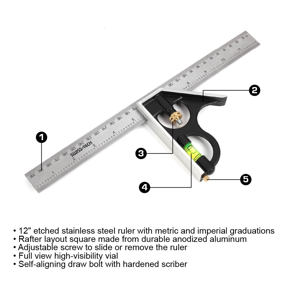 Swiss Tech 12" Combination Square,Stainless Steel Ruler