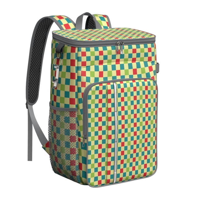 Colorful Checkered Soft Cooler Bag - 20L Insulated Leakproof Backpack for Travel, Work & Outdoor Adventures